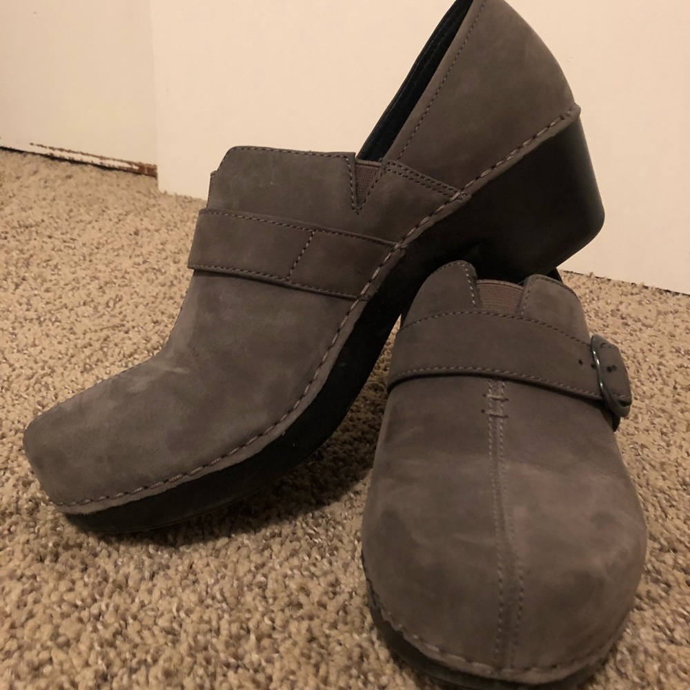 Blue gray suede danskos